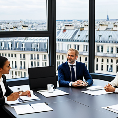Home 14 The Negotiation Team in Action**
"A diverse team of professionals seated around a polished conference table, engaged in a lively discussion, fully clothed in business attire, modern office setting with large windows overlooking Paris, France, safe for work, appropriate content, perfect anatomy, natural proportions, professional, modest, family-friendly, high-resolution photograph, corporate environment, team collaboration"
**