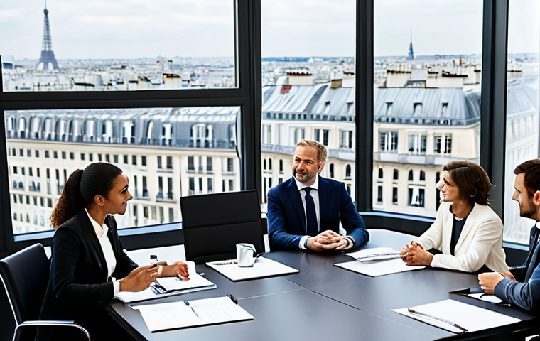 The Negotiation Team in Action**

"A diverse team of professionals seated around a polished conference table, engaged in a lively discussion, fully clothed in business attire, modern office setting with large windows overlooking Paris, France, safe for work, appropriate content, perfect anatomy, natural proportions, professional, modest, family-friendly, high-resolution photograph, corporate environment, team collaboration"

**