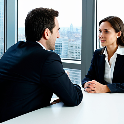 Home 9 Modern Office Negotiation**
"A professional businesswoman in a tailored business suit, seated across from a businessman in a similar professional suit, engaged in a negotiation in a bright, modern office setting, large windows overlooking a cityscape, fully clothed, appropriate attire, safe for work, perfect anatomy, natural proportions, professional photography, high quality, family-friendly."
**