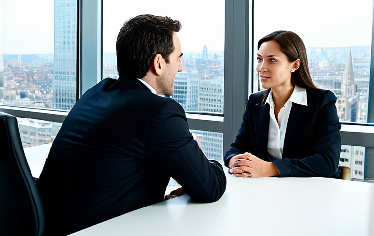 Modern Office Negotiation**

"A professional businesswoman in a tailored business suit, seated across from a businessman in a similar professional suit, engaged in a negotiation in a bright, modern office setting, large windows overlooking a cityscape, fully clothed, appropriate attire, safe for work, perfect anatomy, natural proportions, professional photography, high quality, family-friendly."

**