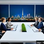 무역협상 과정에서 발생할 수 있는 법적 이슈 - A sophisticated international business negotiation scene set in a modern conference room overlooking...