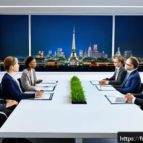 무역협상 과정에서 발생할 수 있는 법적 이슈 - A sophisticated international business negotiation scene set in a modern conference room overlooking...