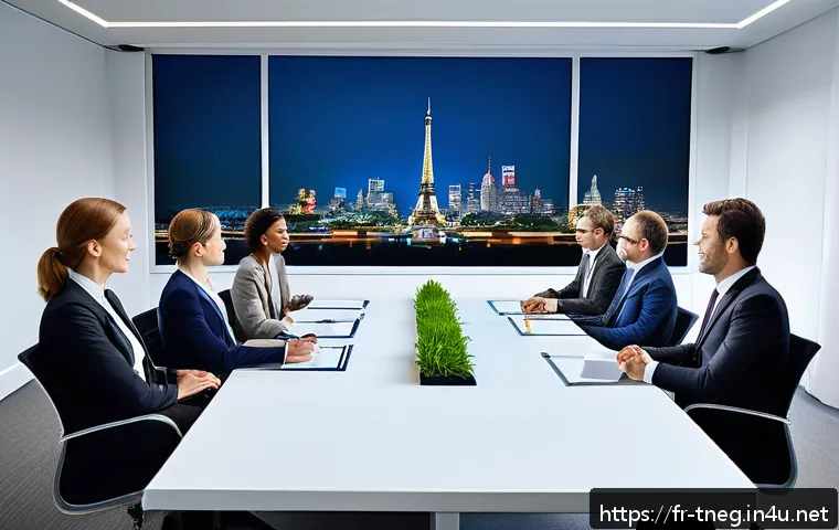 무역협상 과정에서 발생할 수 있는 법적 이슈 - A sophisticated international business negotiation scene set in a modern conference room overlooking...