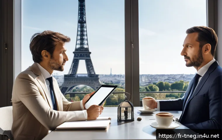 무역협상에서 성과를 높이는 방법 - A professional business negotiation scene set in a modern Parisian office, featuring two well-dresse...